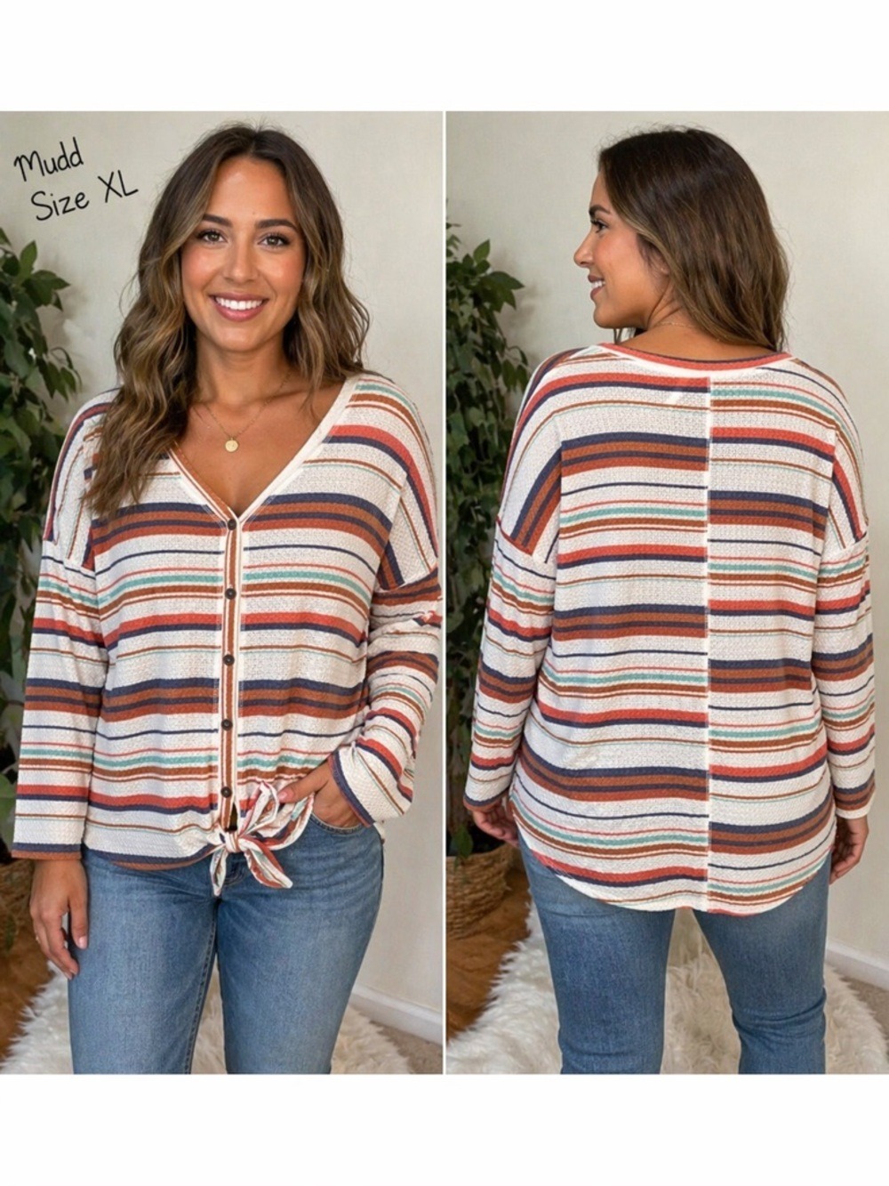 Mudd Striped Thermal/waffle Button Front Top Size XL Tie Front Boho